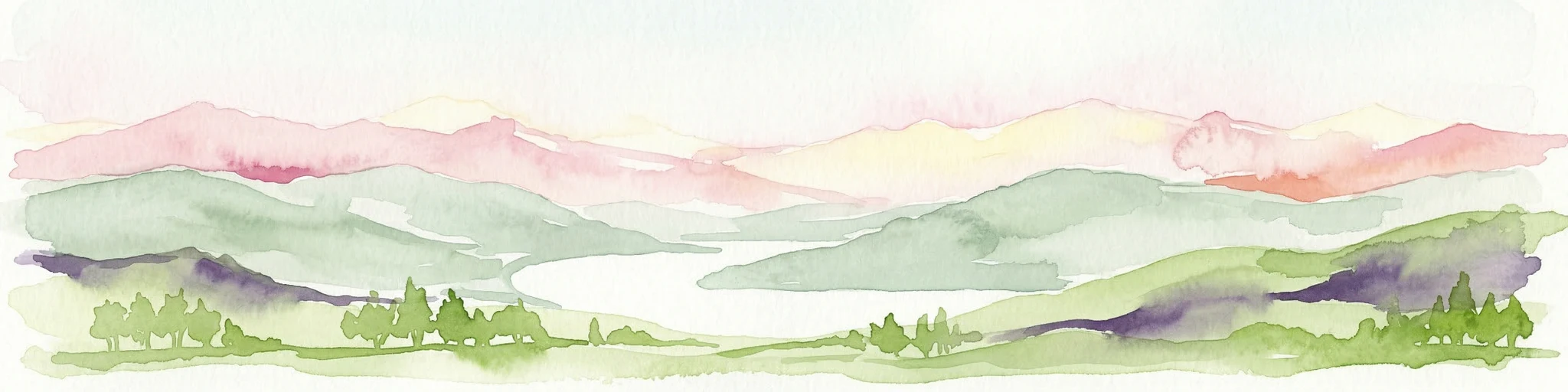 Ilustración acuarela de cordilleras, un lago y colinas boscosas en suaves tonos pastel