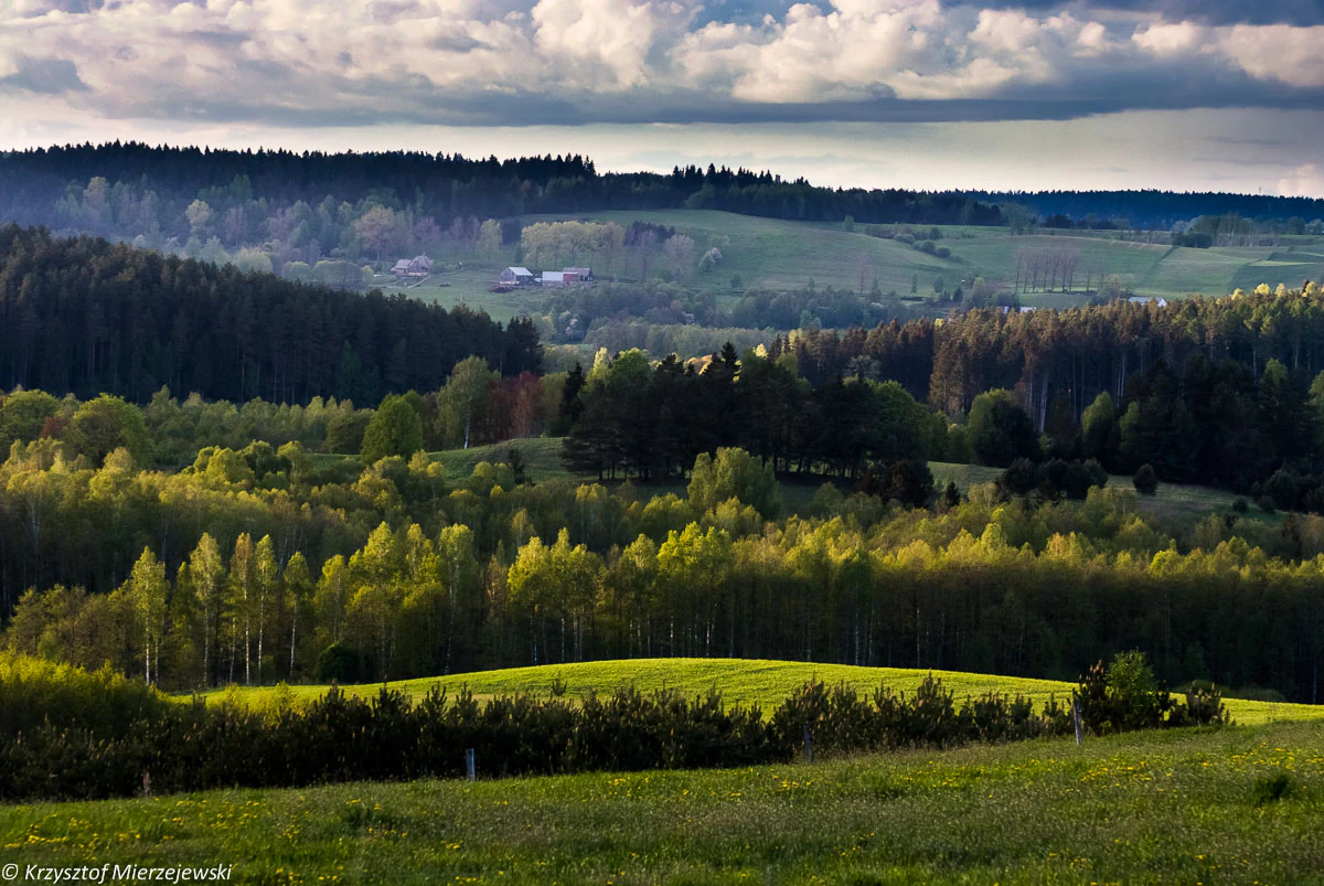 Una vista amplia y panorámica de un paisaje rural ondulado, con parches de luz incidiendo sobre colinas verdes, bosques densos y prados bajo un cielo dramático y cubierto de nubes.