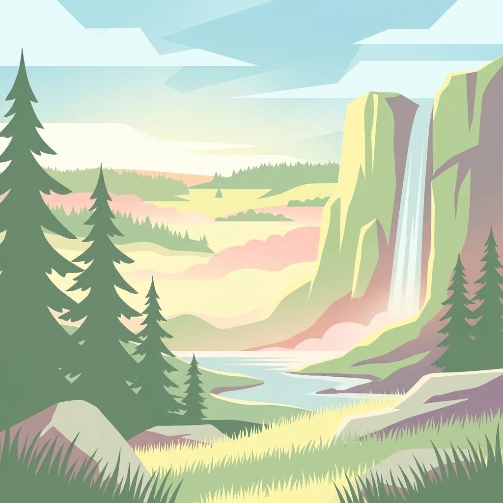 Una ilustración digital estilizada de diseño plano que representa un paisaje montañoso con una alta cascada que se precipita desde un acantilado, rodeada de árboles de hoja perenne, un lago y un primer plano herbáceo.
