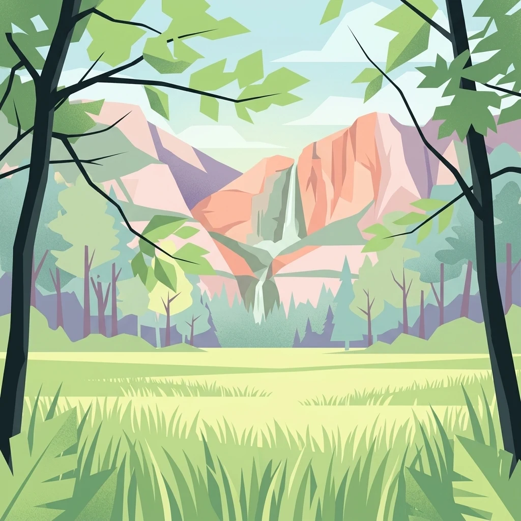 Vector illustration showing a grassy field in the foreground, forest in the midground, and mountains with a cascading waterfall in the background.