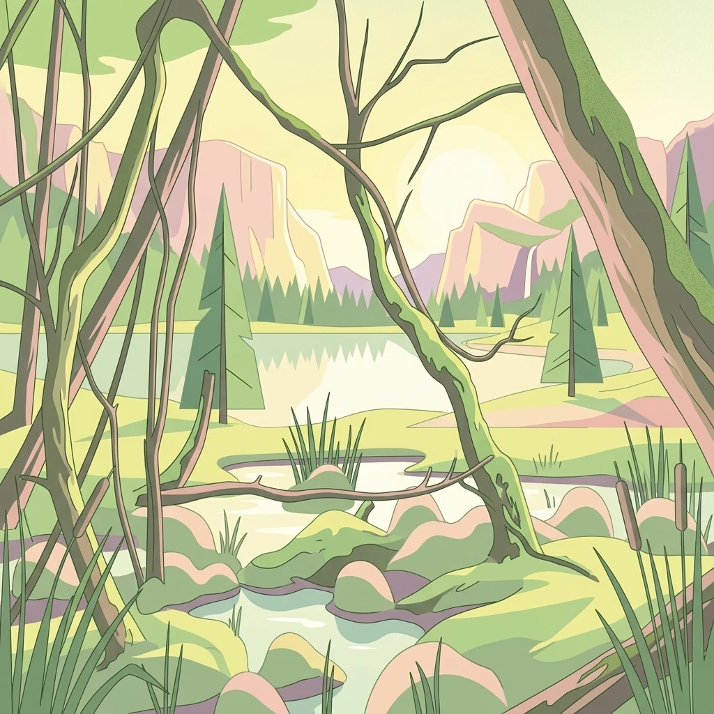 A flat-style digital illustration showing a view through tree branches toward a pond, forest, and mountain range under a light sky.