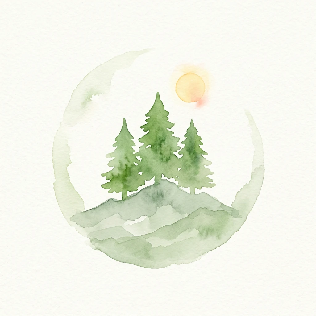 Watercolor painting of three pine trees on a hill under a sun in a circular frame