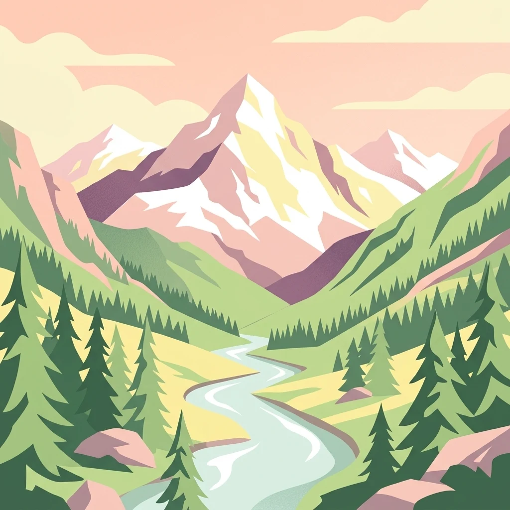 A flat-style digital illustration of a winding river flowing through a forested valley toward a central, snow-capped mountain peak under a soft, pastel-colored sky.