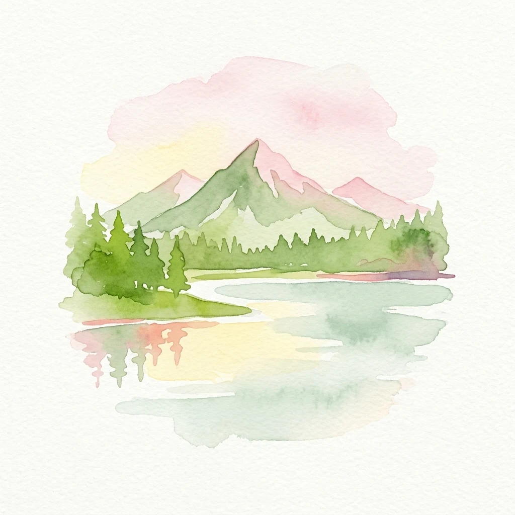 Watercolor painting of green mountains, a lake, and forested shoreline with reflections