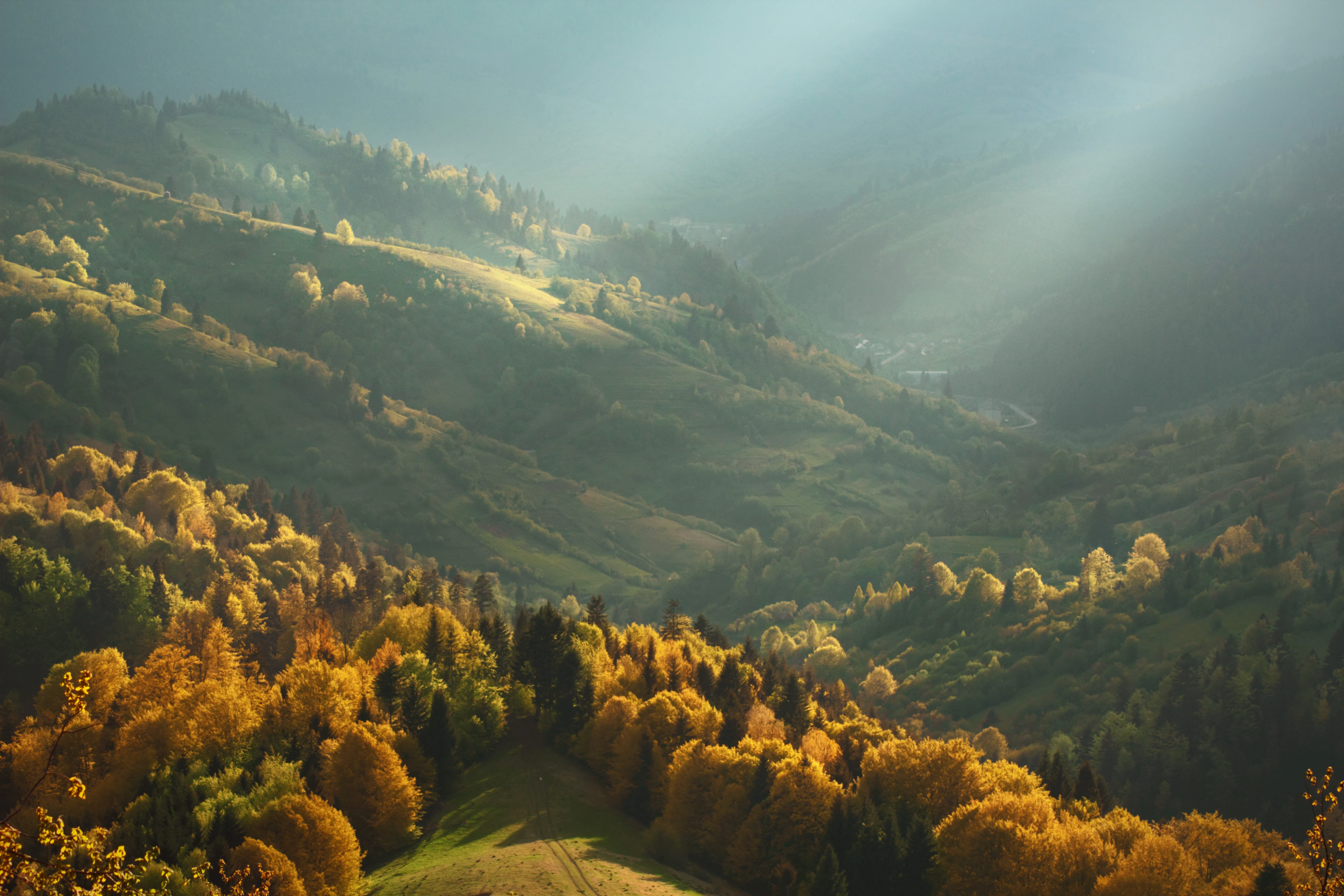 Rolling hills covered in autumn foliage with sunlight beams streaming through the mist
