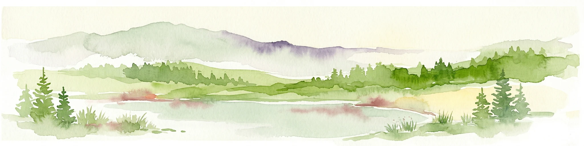 Pintura de acuarela que muestra un lago rodeado de montañas y bosques