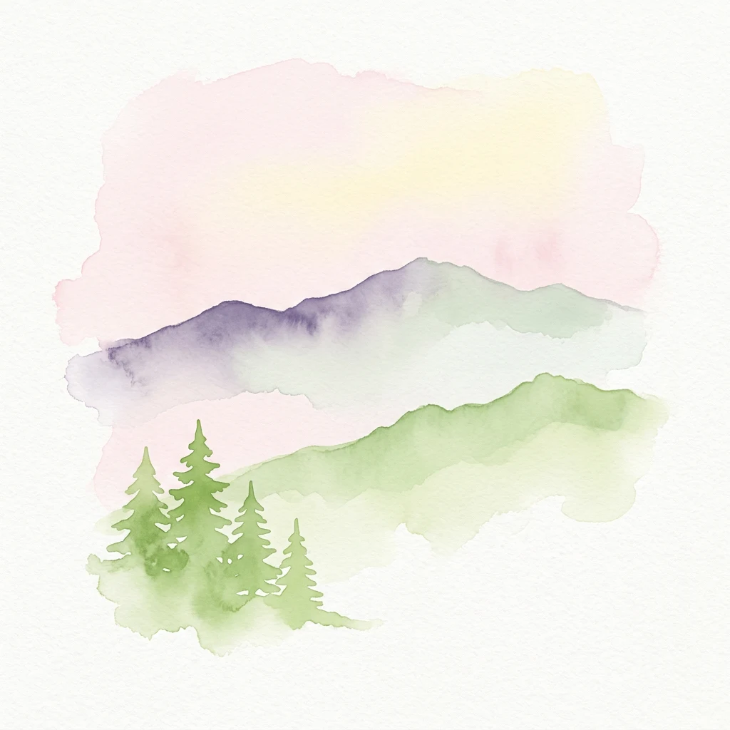 Pintura de acuarela de montañas y pinos bajo un cielo pastel