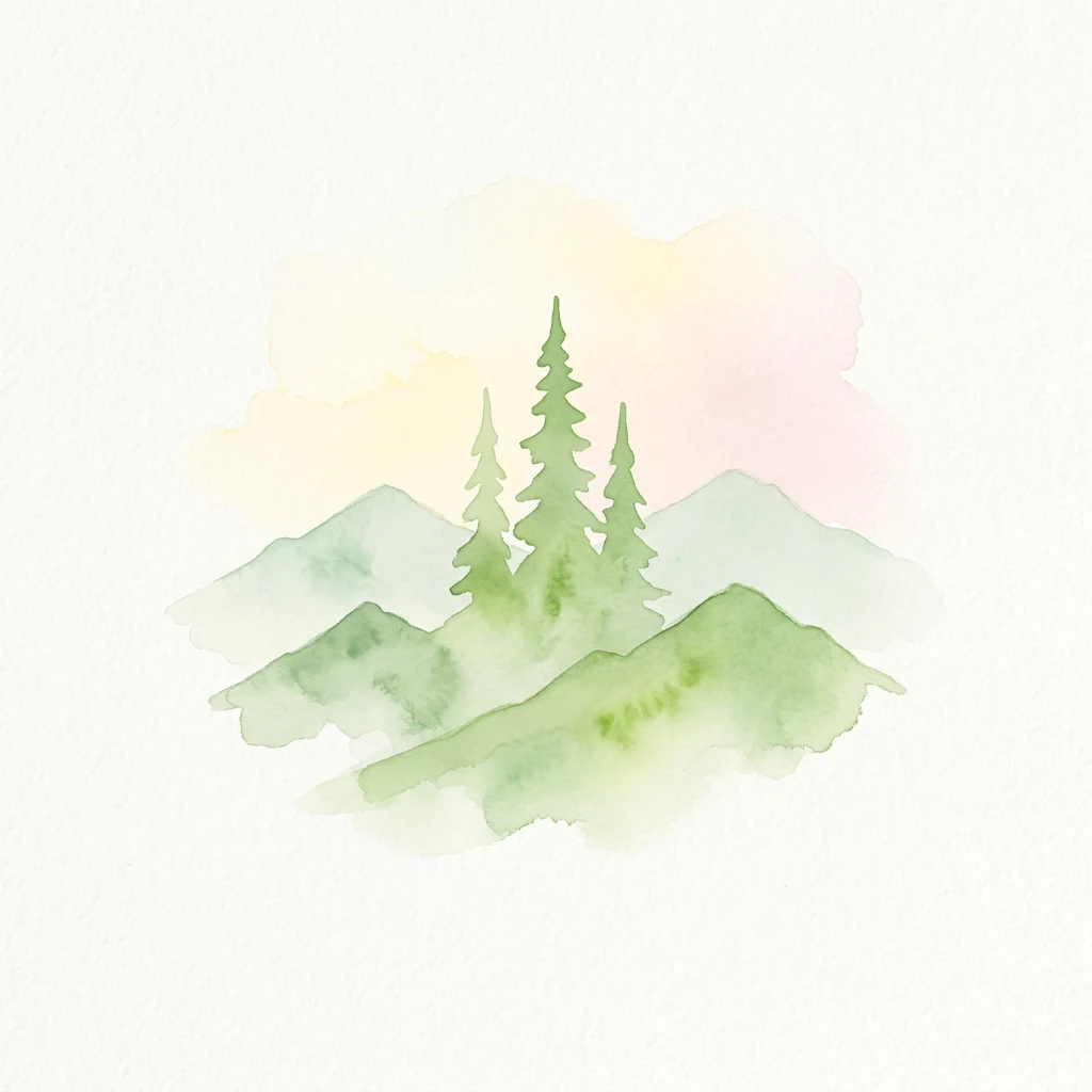 Pintura de acuarela de montañas verdes y pinos con un fondo de cielo pastel suave