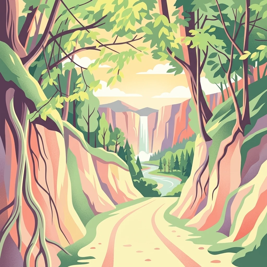 A colorful digital illustration of a winding dirt path passing between high earthy banks and trees, leading toward a waterfall nestled between distant rocky cliffs.