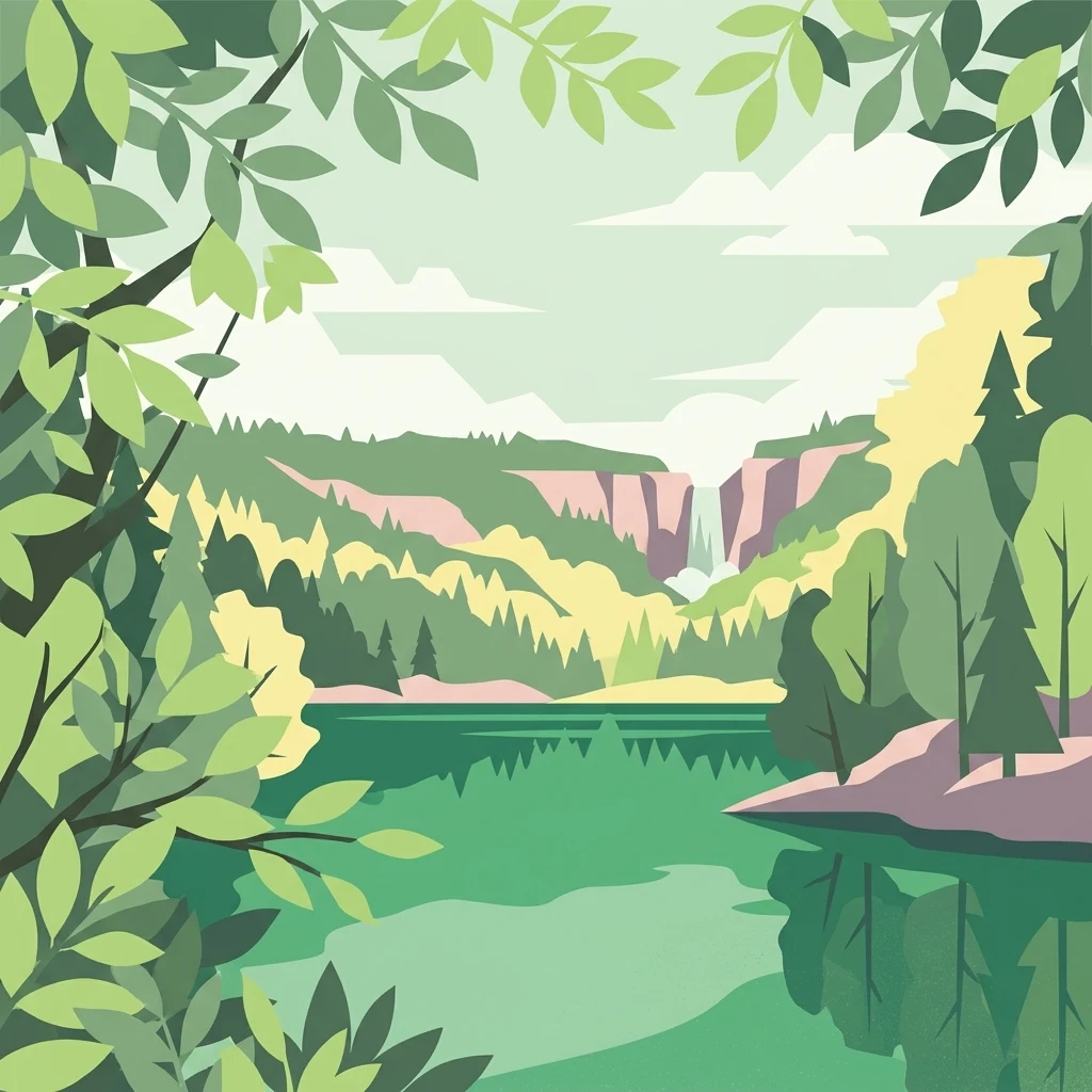Una ilustración vectorial plana que muestra un lago verde rodeado de bosques, con acantilados rosados y una cascada al fondo, enmarcado por ramas de árboles en primer plano.