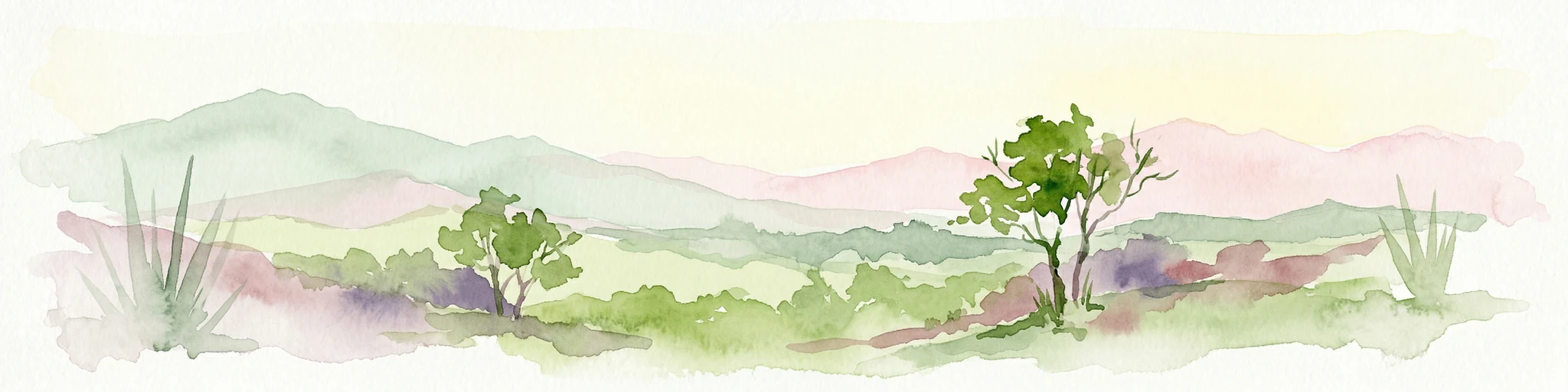 Pintura acuarela que muestra colinas verdes, montañas rosadas y dos árboles en un paisaje pintoresco