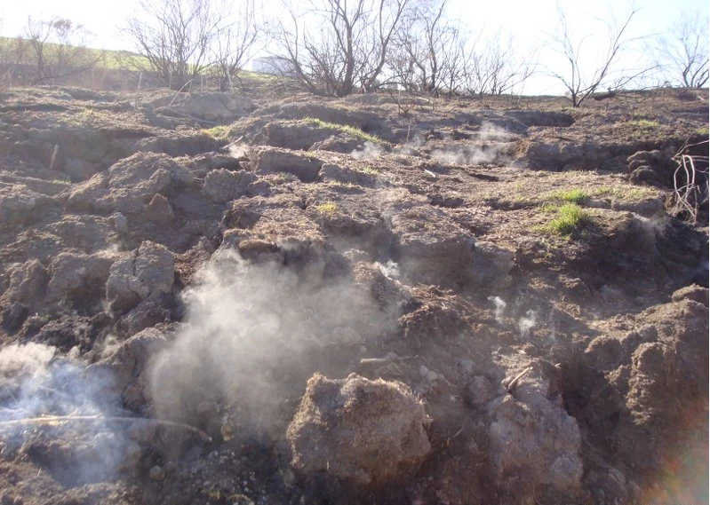Dry, charred terrain with smoke rising from a peat fire, sparse vegetation, and leafless trees in the background