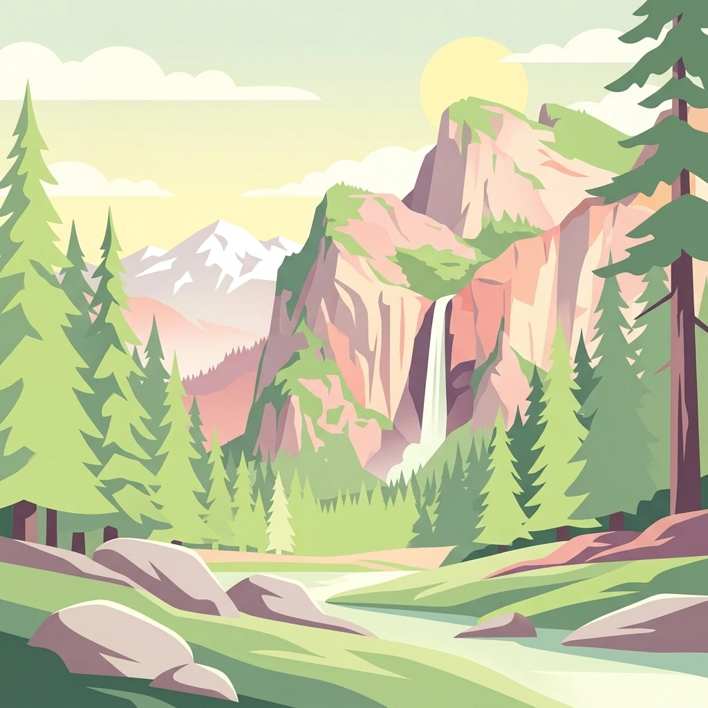 Ilustración estilizada de un paisaje montañoso con una cascada, pinos, terreno rocoso y un río bajo un cielo parcialmente nublado