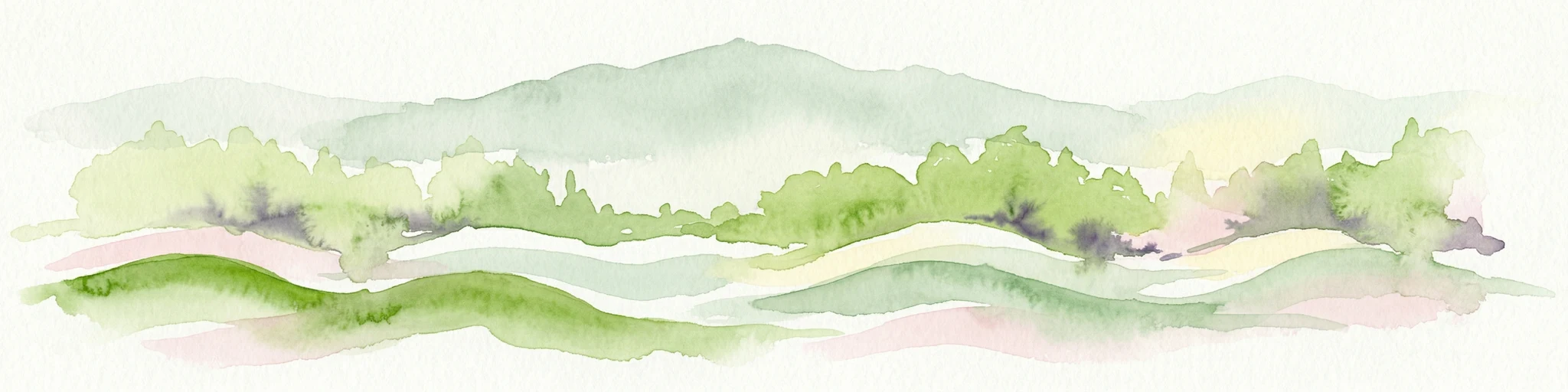 Ilustración de acuarela de colinas ondulantes, bosques verdes y montañas distantes bajo un cielo pálido