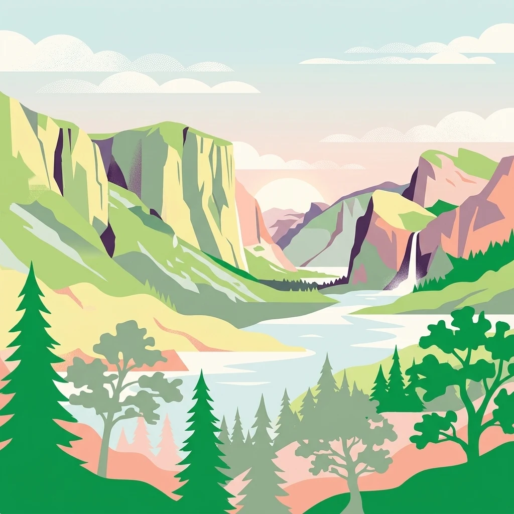 Una ilustración de diseño plano que muestra un valle de montaña con acantilados escarpados, una cascada, un río central y bosques de pinos en la base, representada en una paleta de verde, amarillo y rosa suave.