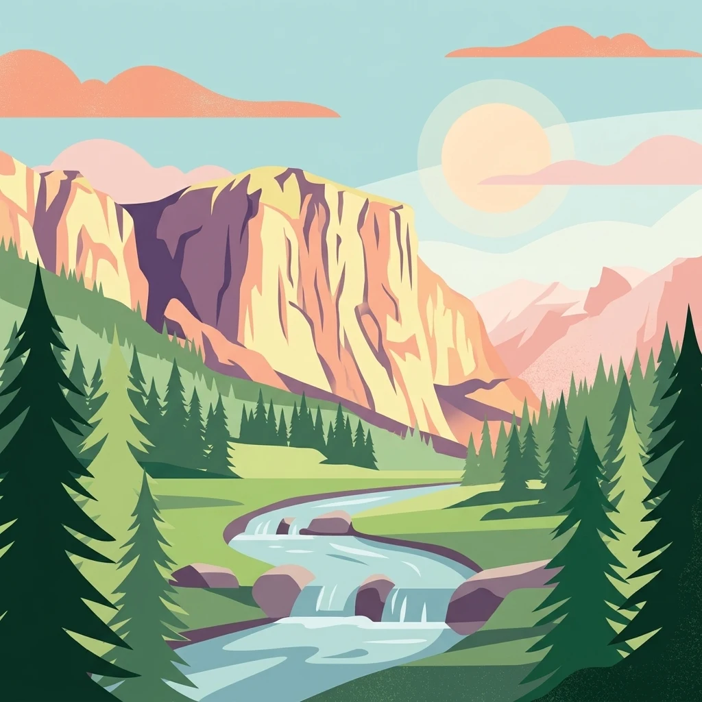 Una ilustración digital estilizada de un paisaje montañoso escénico con acantilados empinados, un río que fluye con pequeñas cascadas y árboles de hoja perenne circundantes bajo un sol cálido y suave.