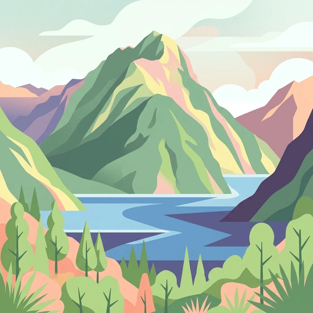Una ilustración de diseño plano y estilizado de una montaña alta, verde y puntiaguda que se eleva sobre una masa de agua azul, rodeada de frondosa vegetación costera y otros picos más pequeños y distantes bajo un cielo de colores suaves.