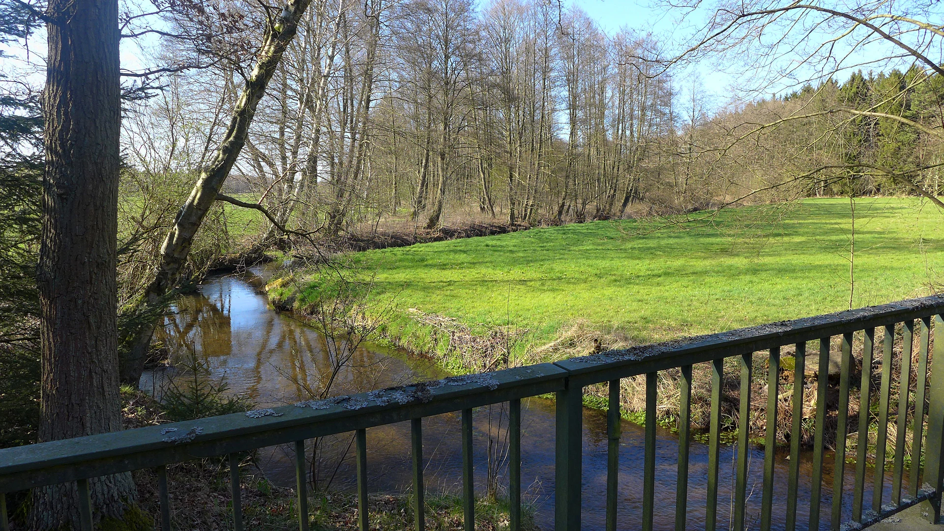 A view of a small, calm river flowing through a green meadow, framed by trees and a metal railing in the foreground.