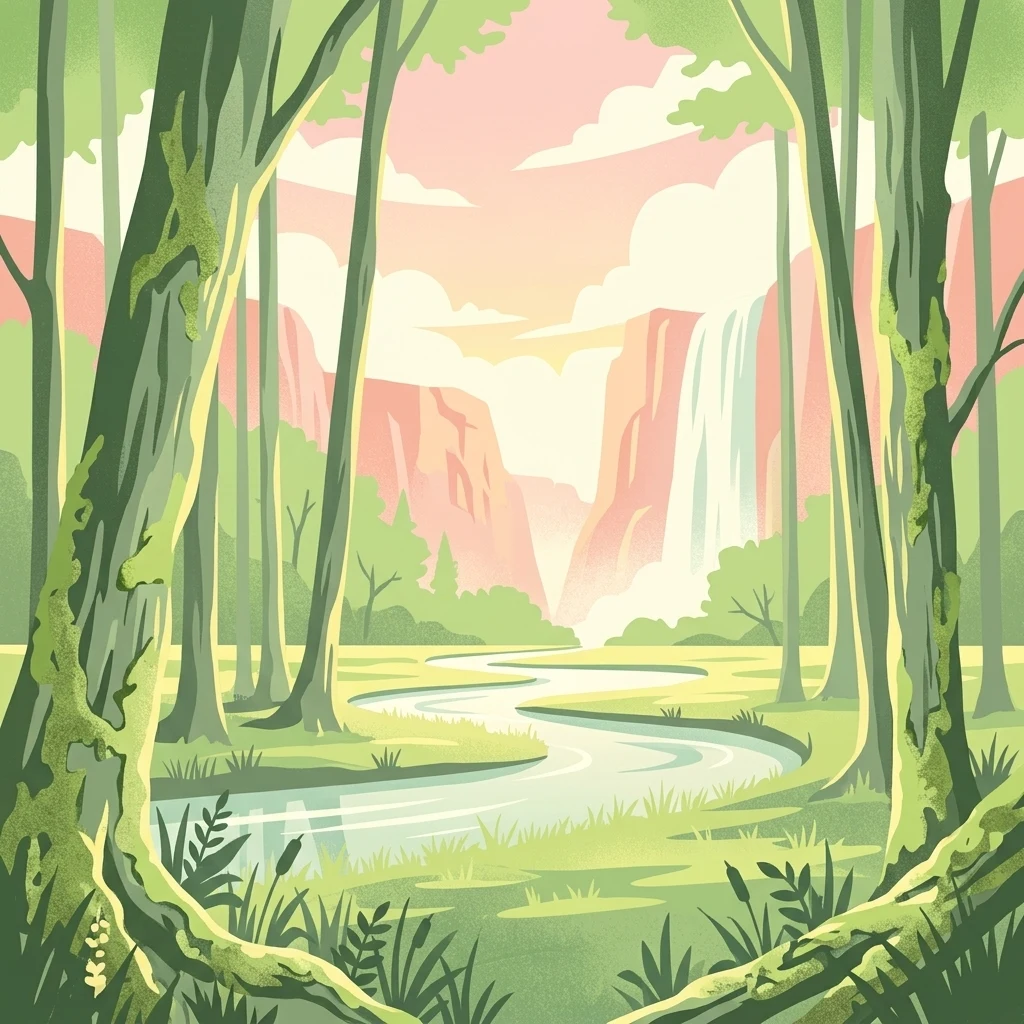 A stylized digital illustration of a lush river valley framed by tall, mossy trees in the foreground, with a winding river and a waterfall in the background under a soft, light-filled sky.