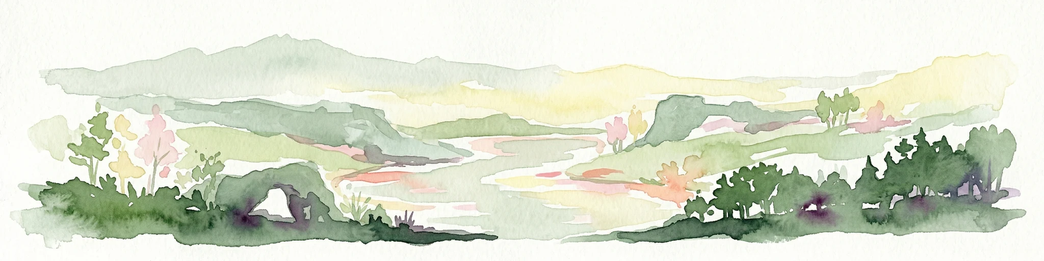 Pintura de acuarela que muestra un paisaje con montañas verdes, un río y árboles