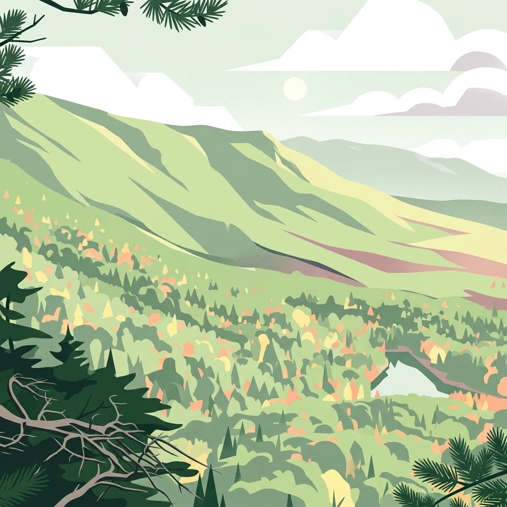 A flat-style digital illustration showing a lush, green mountain range under a light sky with simple clouds, with pine tree boughs framing the top and bottom corners.