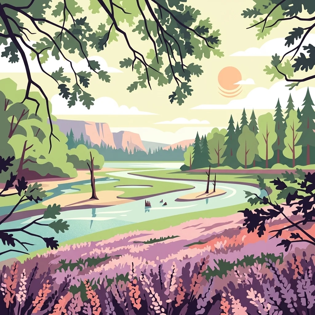 A stylized illustration of a river winding through a park landscape with purple blooming heath in the foreground, forest edges, and a pale sun in the sky.