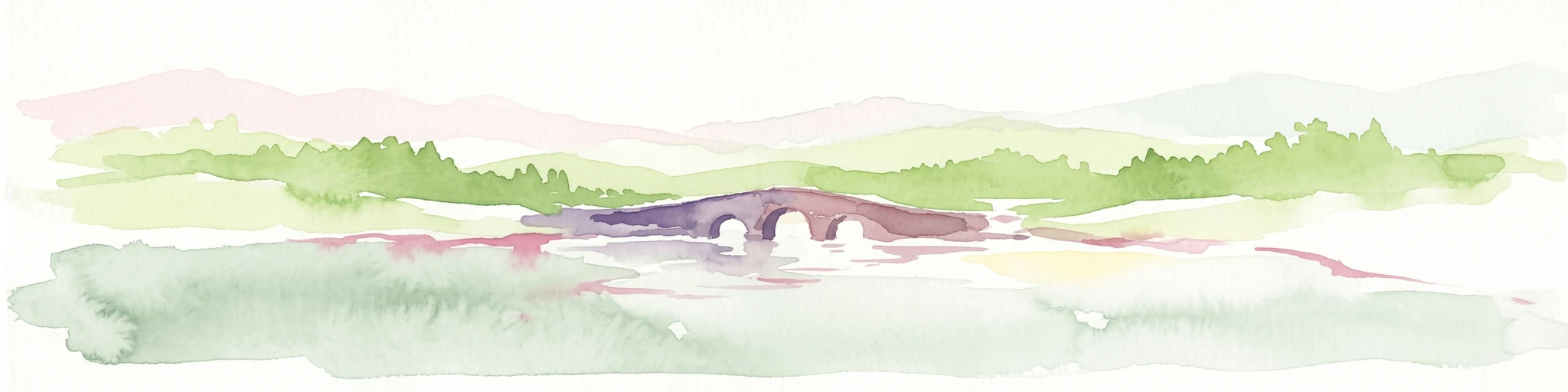 Watercolor illustration of a bridge over a river with green hills and trees in the background