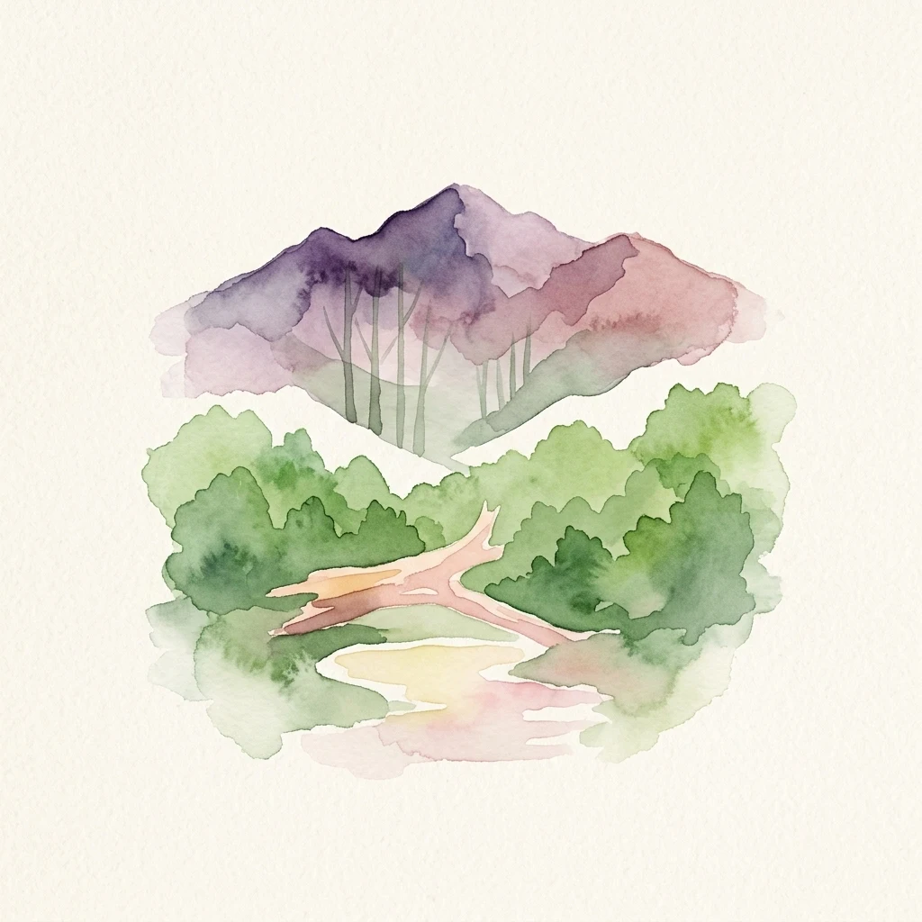 Pintura de acuarela que muestra montañas, bosque y lago con un tronco de árbol caído