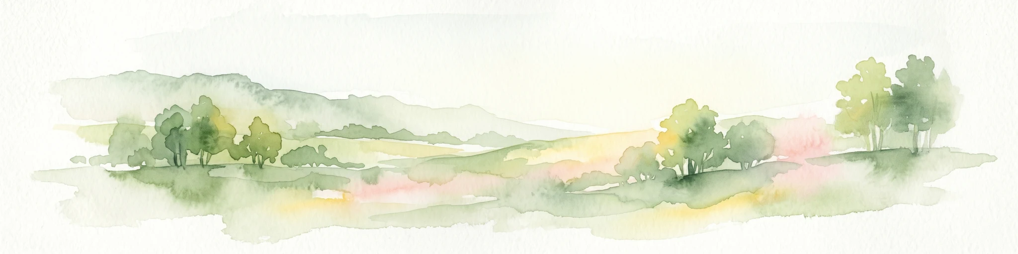 Ilustración en acuarela de un paisaje ondulado con árboles dispersos y colinas distantes