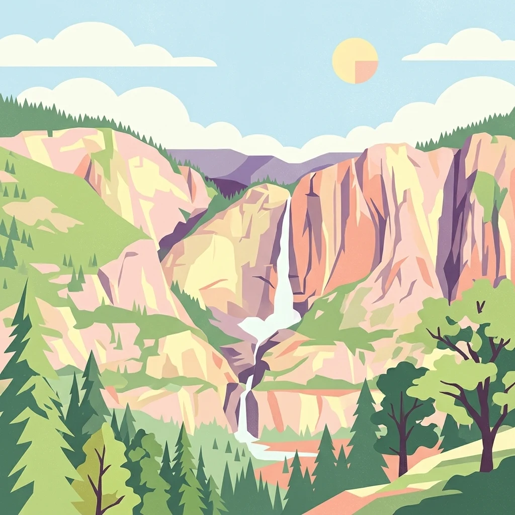 Ilustración vectorial plana y estilizada de una cascada escalonada que fluye entre acantilados rocosos y bosques de pinos bajo un sol brillante.
