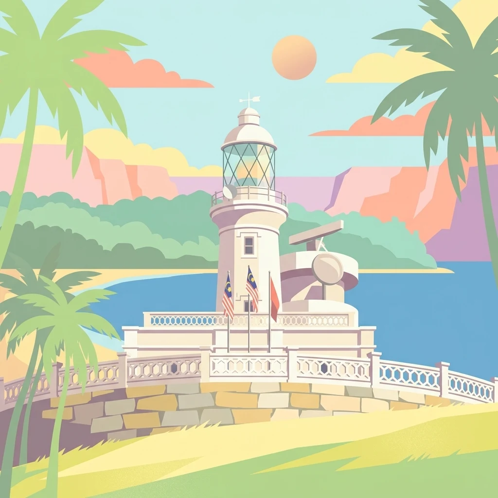 A colorful digital illustration of a white lighthouse, the Cape Rachado Lighthouse, set against a blue ocean, distant cliffs, and palm trees.