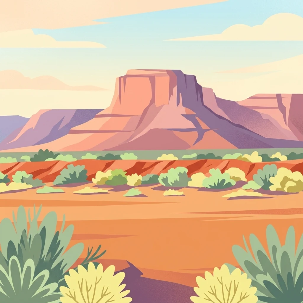 Illustration of a desert landscape with a large flat-topped mountain, sparse succulent plants, and a clear sky