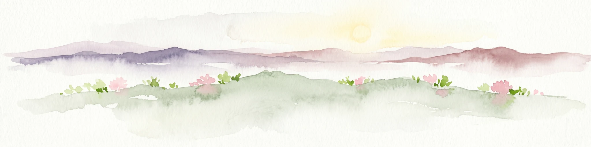 Watercolor illustration showing a mountain range with green hills and pink flowers