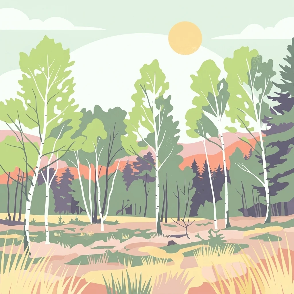 A digital illustration of a forest scene featuring slender birch trees with white trunks and light green leaves, set against a soft background of rolling hills and a pale sun.