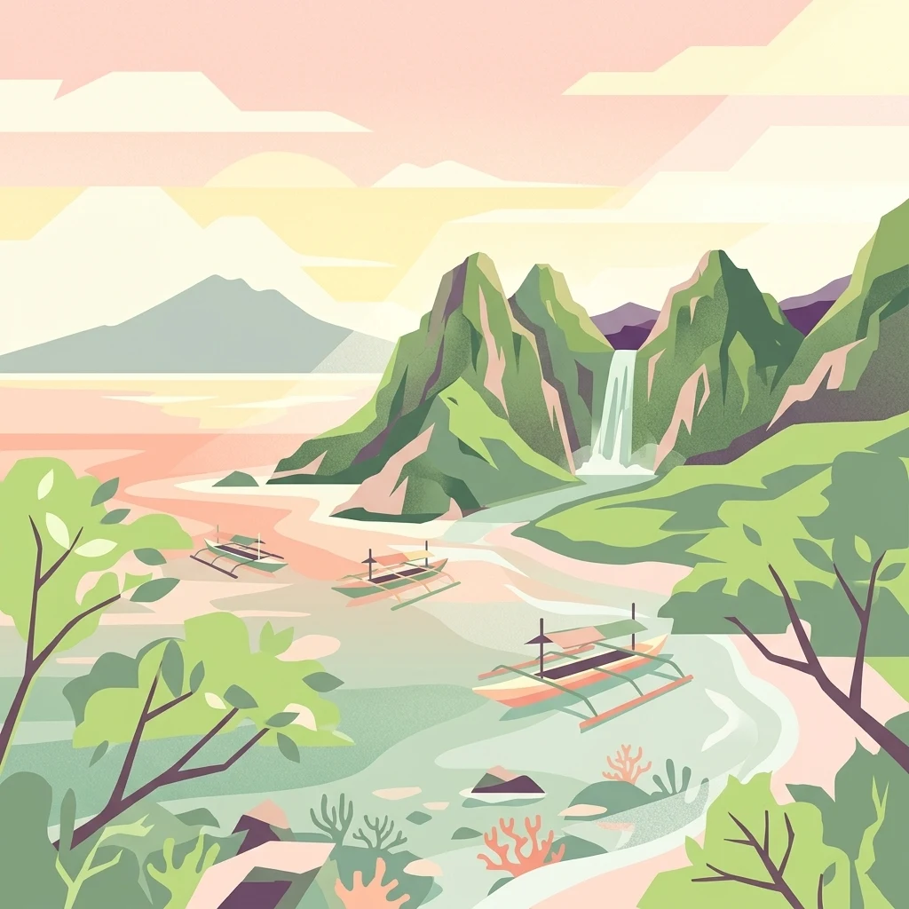 A stylized flat illustration of a tropical coastal scene, showing mountains, a waterfall, and outrigger boats on the water.