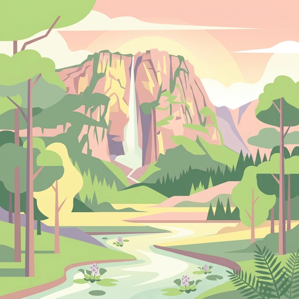 A flat-style digital illustration featuring a tall cliff with a waterfall in the distance, a meandering river in the foreground, and lush trees, rendered in soft pastel colors.