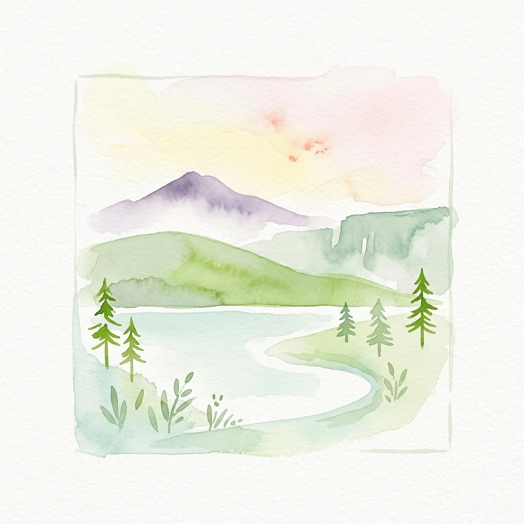 Watercolor illustration of a mountain lake landscape with trees and green hills under a colorful sky