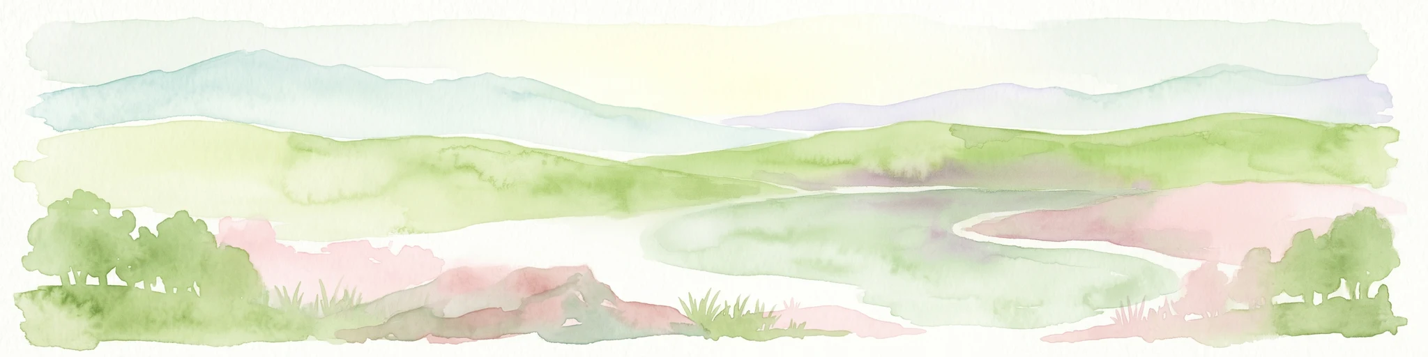 Pintura de acuarela que representa un río fluyendo a través de un valle con montañas al fondo y árboles a ambos lados