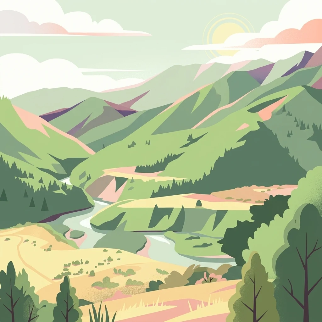 An illustration showing a winding river valley surrounded by green forested mountains, with a sunrise or sunset in the background.