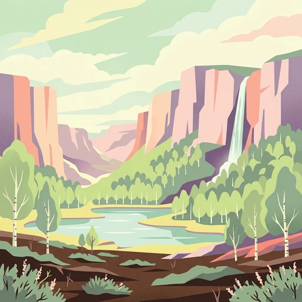A stylized digital illustration of a landscape featuring tall rocky cliffs, a waterfall, a central lake, and a surrounding forest, rendered in a muted, warm-toned color palette.