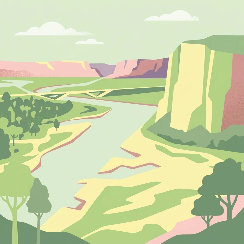 Una ilustración digital de estilo plano que representa un río ancho serpenteando a través de un valle con acantilados a la derecha, árboles en primer plano y un puente cruzando el agua en la distancia.