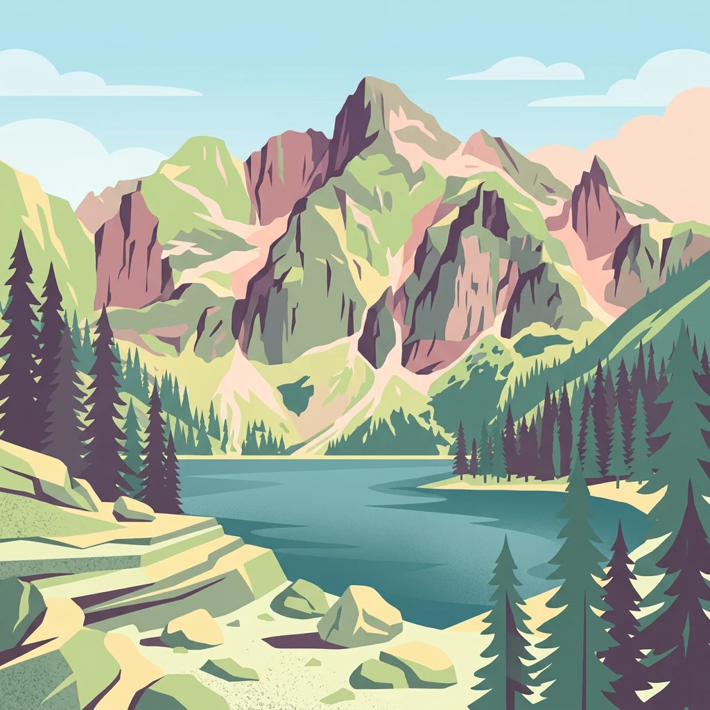 Paisaje montañoso ilustrado con lago, pinos y terreno rocoso