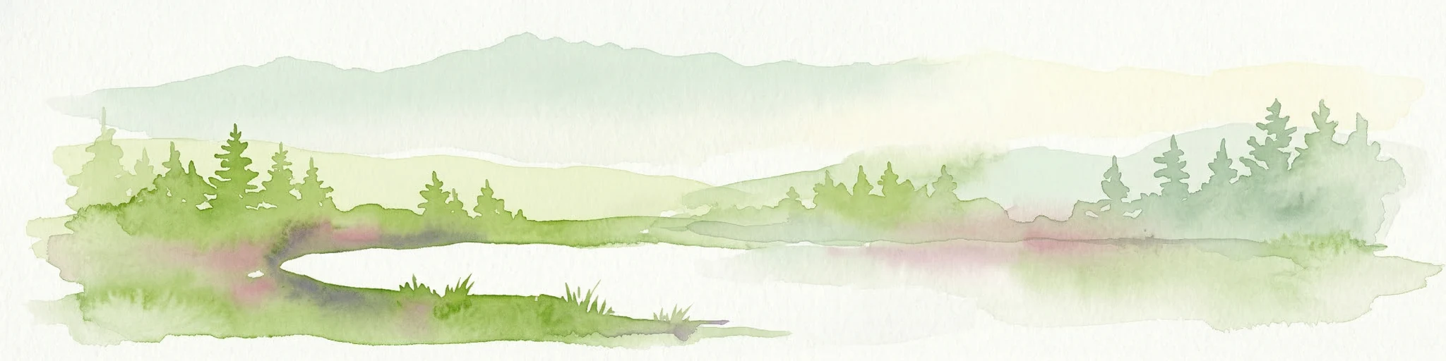 Pintura de acuarela que muestra un lago rodeado de árboles y montañas al fondo