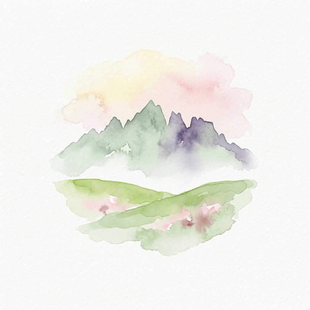 Pintura acuarela de picos montañosos con prados verdes y flores rosas bajo un cielo pastel