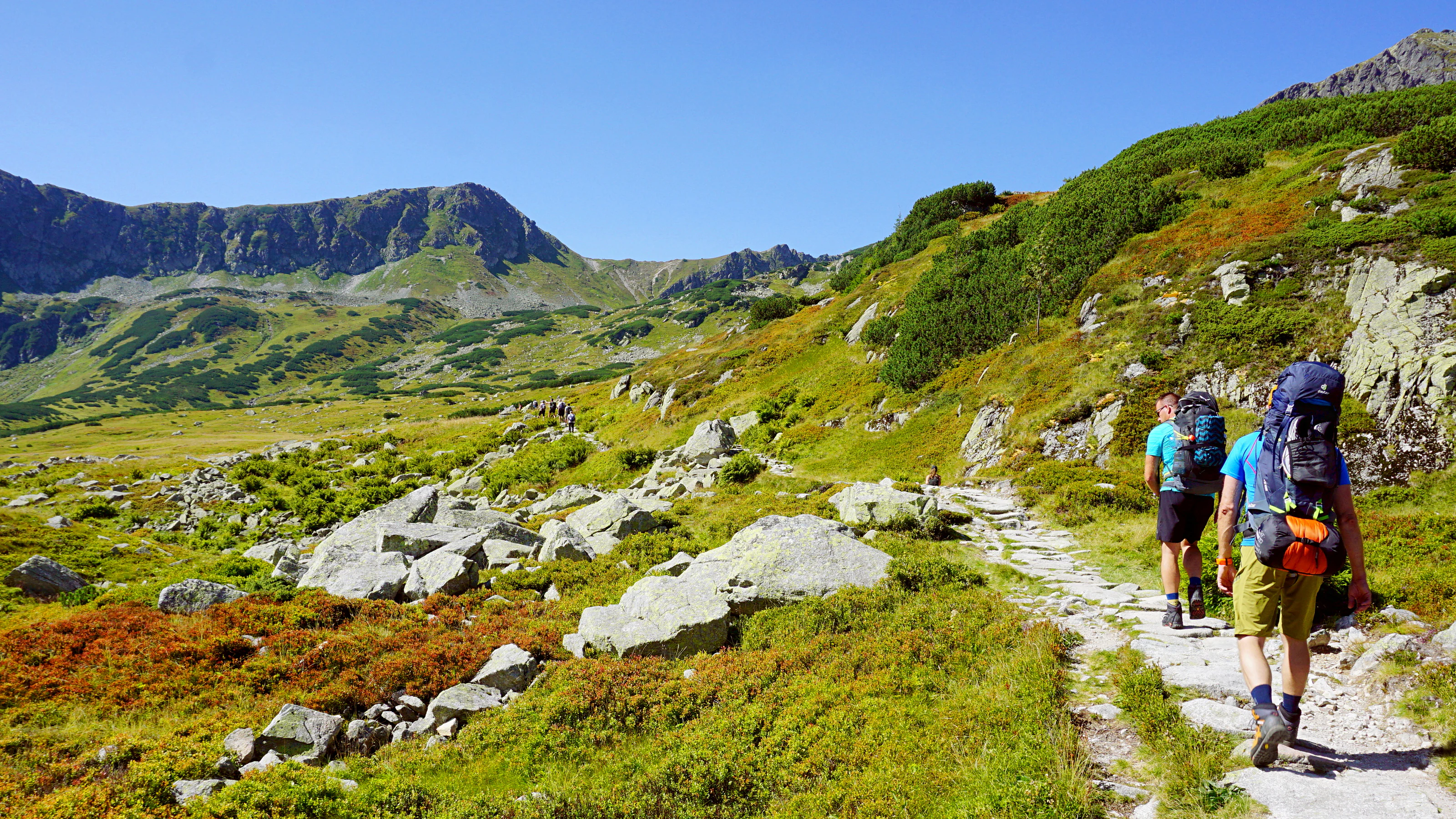 Two hikers with backpacks walking on a stone trail through an alpine landscape with rocky terrain, green vegetation, and mountains in the background.