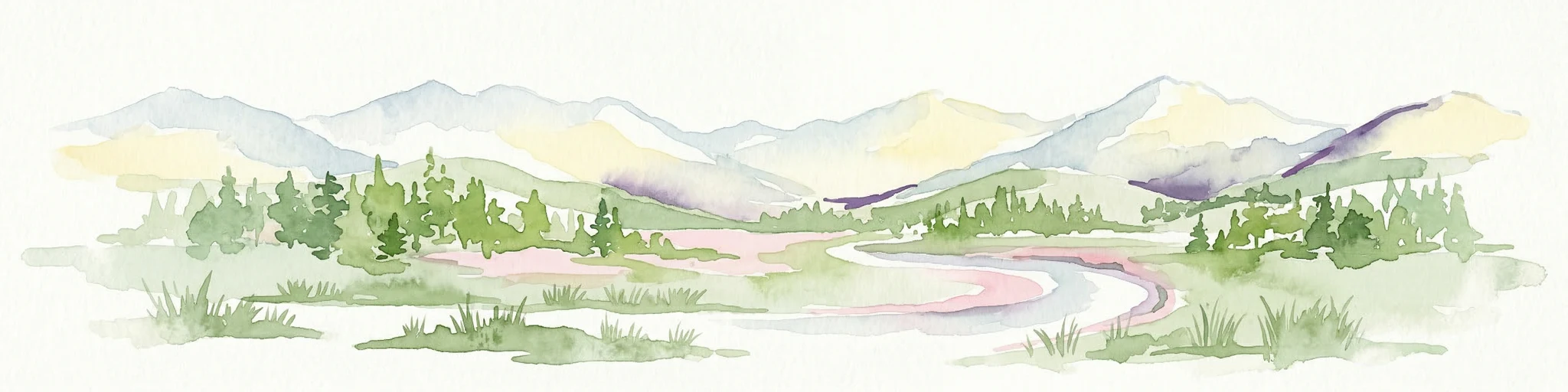 Pintura de acuarela de cordilleras, bosques y un río serpenteante