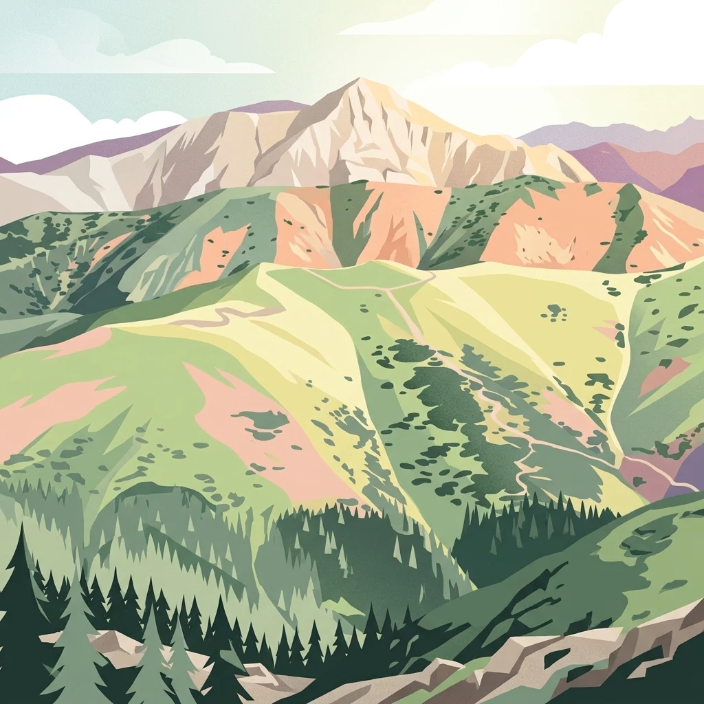 Una ilustración digital de un paisaje montañoso con un bosque en primer plano, praderas herbáceas en las laderas y picos rocosos al fondo bajo un cielo claro.