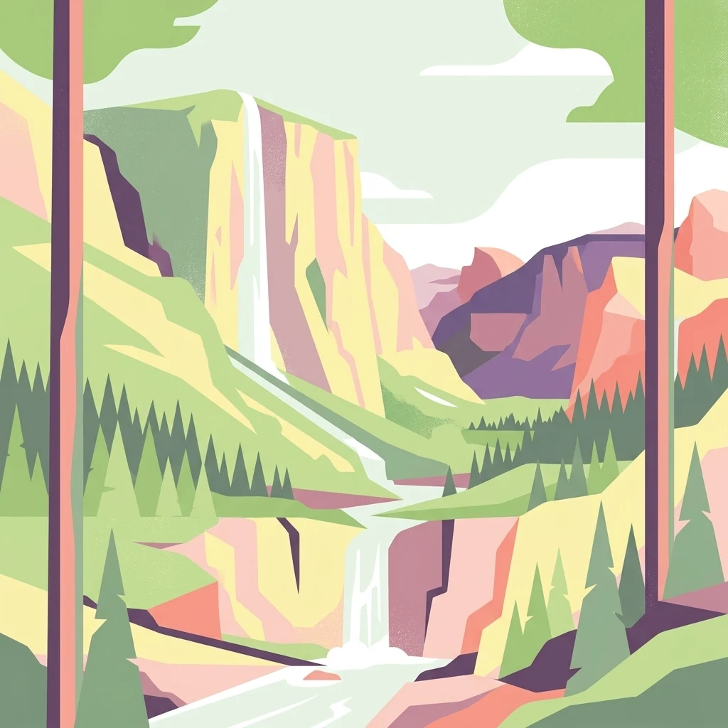 A minimalist, flat-style illustration of a mountain valley featuring a tall waterfall cascading down a cliff, surrounded by coniferous trees and layered colorful rock formations.
