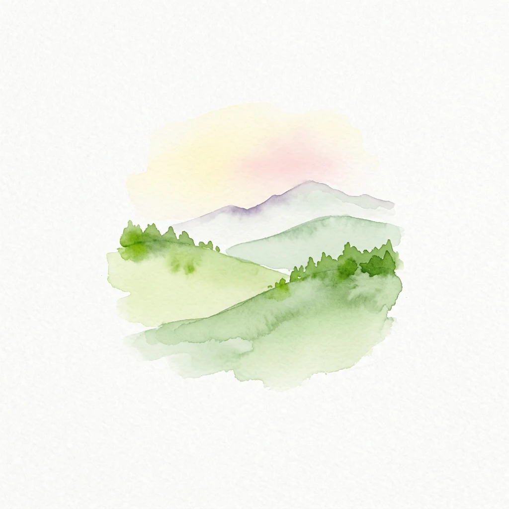 Watercolor painting of green hills, trees, and mountains under a soft sky with pink and yellow tones