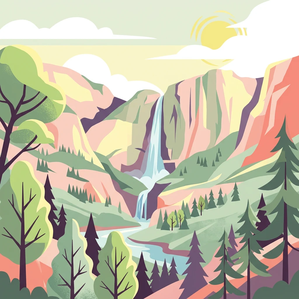 Ilustración de un paisaje montañoso con una cascada, un bosque y un río bajo un cielo soleado